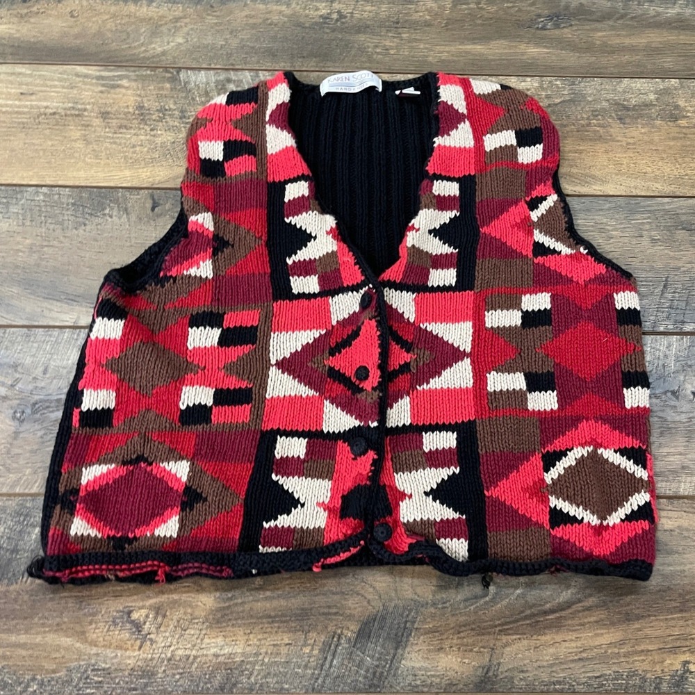 Karen Scott Hand Knits Geometric Southwestern Button Front Vest Red Black Medium